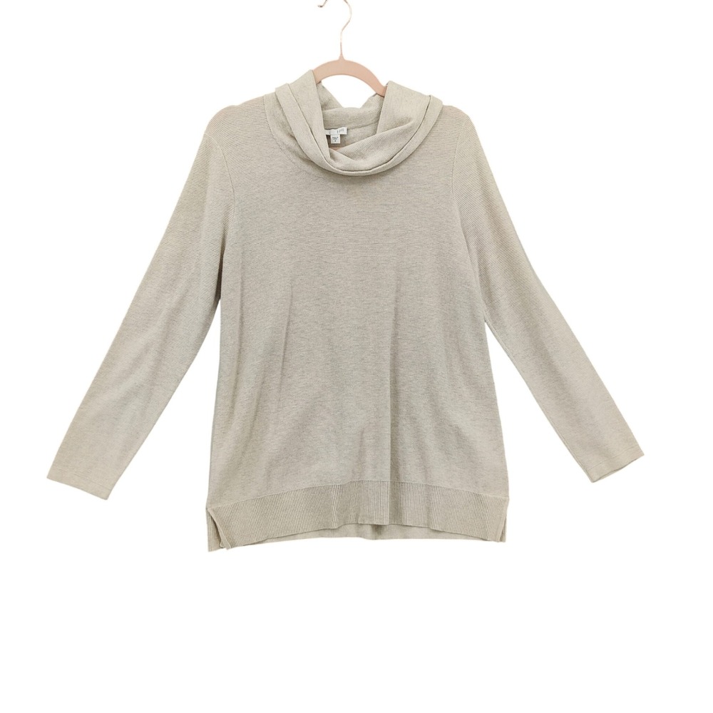 J Jill Beige Ribbed Knit Cowl Neck Long Sleeve Sweater Silk Cotton Womens Medium